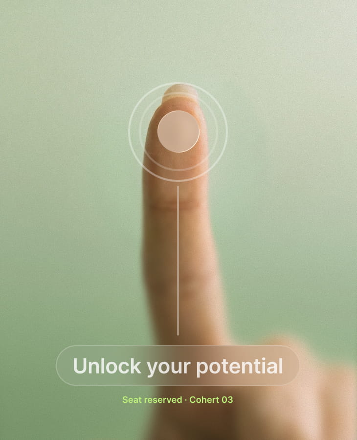 A fingertip on a sensor, ringed with light — unlock your potential. Seat reserved, Cohort 03.